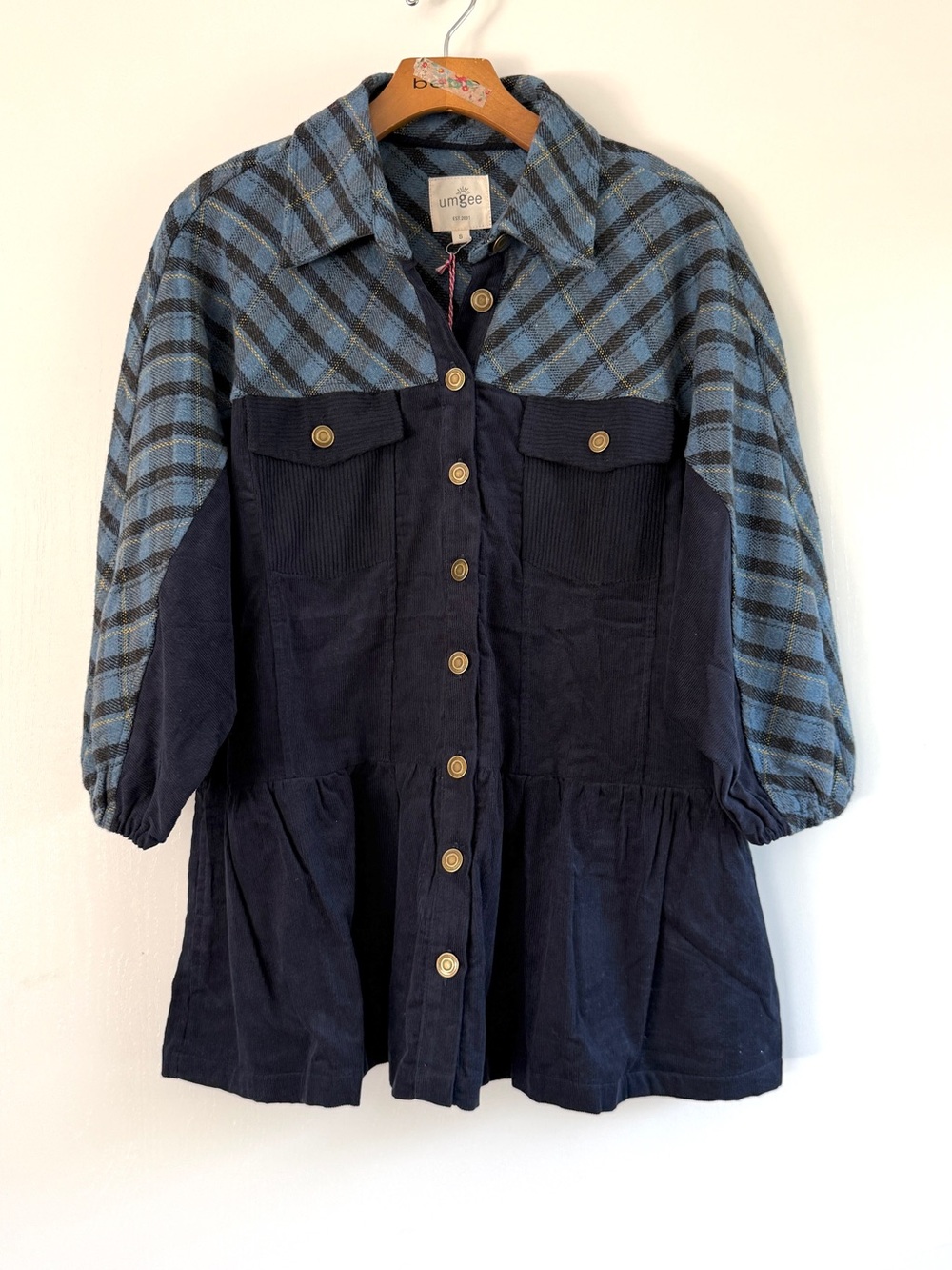 Umgee Navy Coat with Blue Plaid Yoke and Sleeves